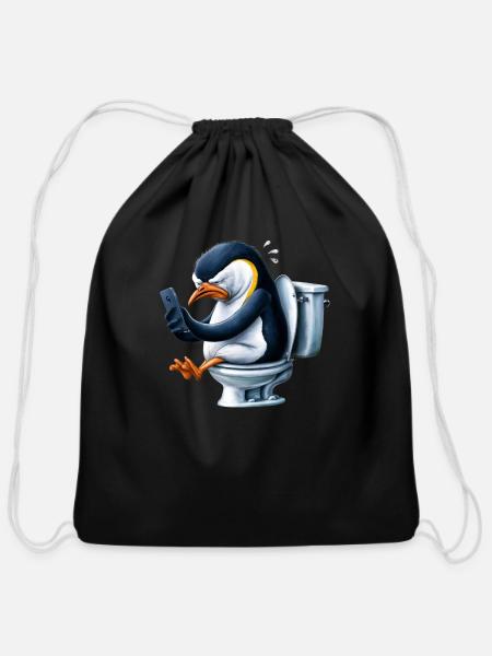 Penguin on the toilet - Cotton Drawstring Bag - black