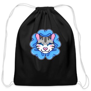 Striped Cat With Blue Flower - Cotton Drawstring Bag - black - Front