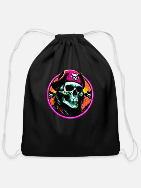skull pirates with heat - Cotton Drawstring Bag - black