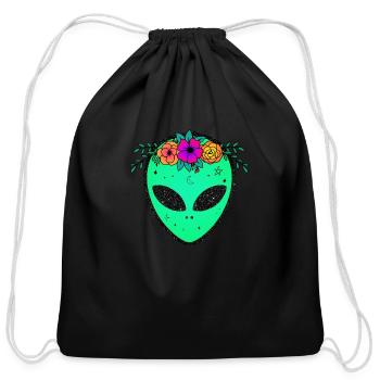 Green Alien With Flower Crown. ALIEN LOVERS - Cotton Drawstring Bag - black - Front
