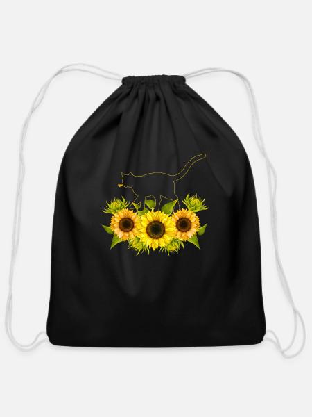 Sunflower Cat - Cotton Drawstring Bag - black