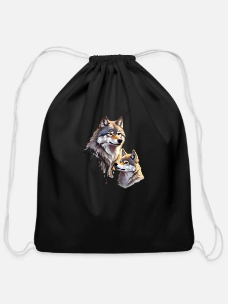 baby Wolf and Mother - Cotton Drawstring Bag - black