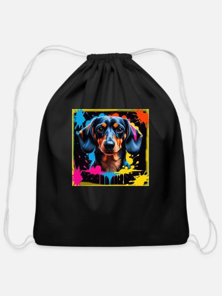 Dachshund Dog Art - Cotton Drawstring Bag - black