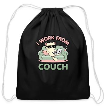 I Work From Couch – Lazy Cat Remote Worker Design - Cotton Drawstring Bag - black - Front