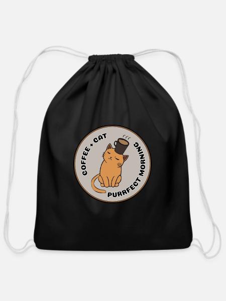 Coffee Cat - Happy Monday - Perfect Morning - Cotton Drawstring Bag - black