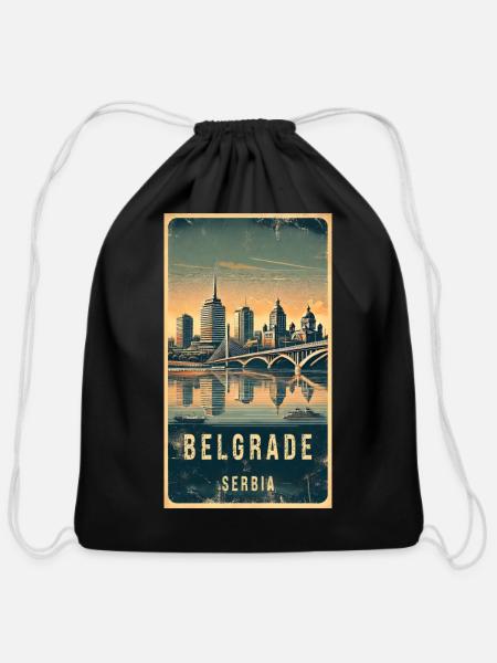 Belgrade Serbia Vintage Design - Cotton Drawstring Bag - black
