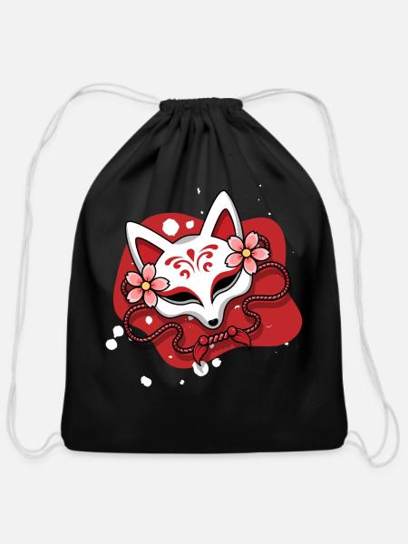 Kitsune Japanese Fox Spirit Anime Gift - Cotton Drawstring Bag - black