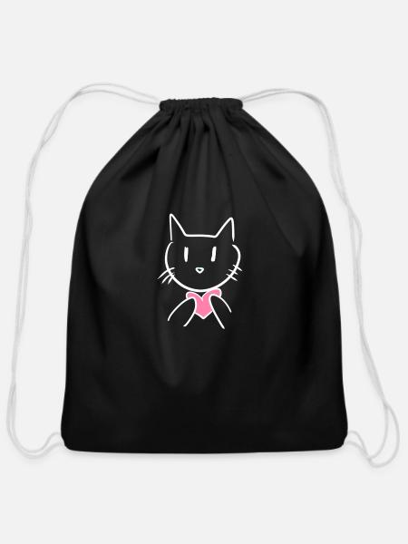 cat animal love heart - Cotton Drawstring Bag - black