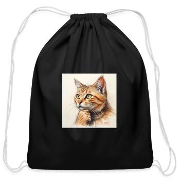 Thinking Tabby Portrait Sketch - Cotton Drawstring Bag - black - Front