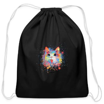 Watercolor Funny Cat - Cotton Drawstring Bag - black - Front