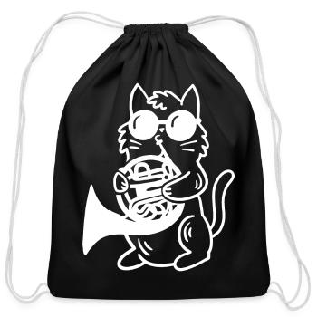 Cat playing French horn - Cotton Drawstring Bag - black - Front