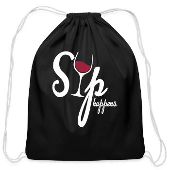 Sip Happens - Wine Glass Typography Design - Cotton Drawstring Bag - black - Front