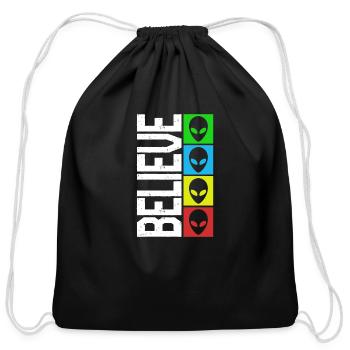 Alien Shirt, Believe Alien Design Tee, - Cotton Drawstring Bag - black - Front