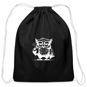 Funny Tired Comic Owl With Coffee Deficit - Cotton Drawstring Bag - black - Front