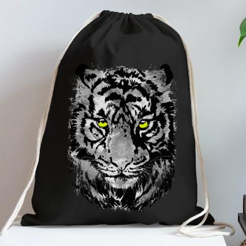 Gray Tiger Head Portrait Drawing - Black and White - Cotton Drawstring Bag