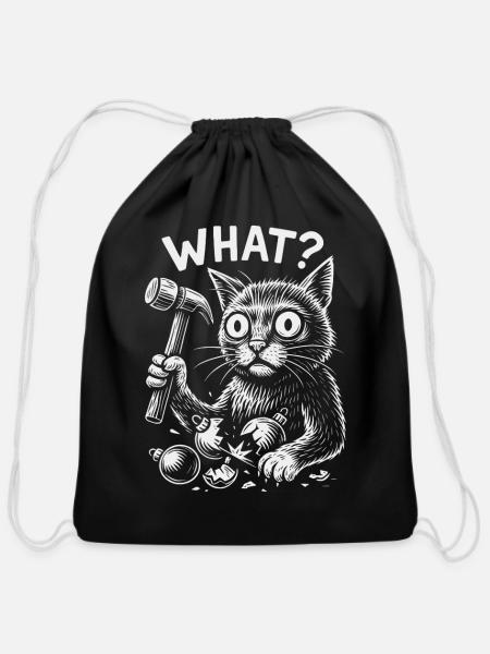 What Cat? Builder Kit Illustration - Cotton Drawstring Bag - black