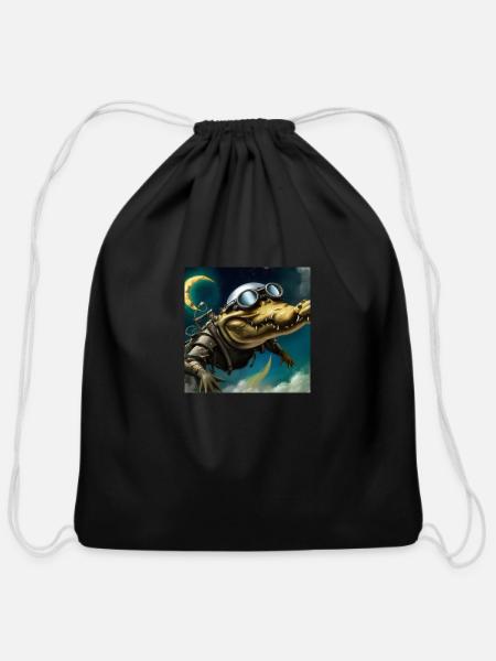 Aviator Gator - Cotton Drawstring Bag - black