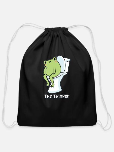 The thinker, kawaii frog - Cotton Drawstring Bag - black