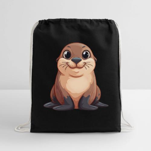 Smiling Cartoon Brown Sea Lion - Cotton Drawstring Bag