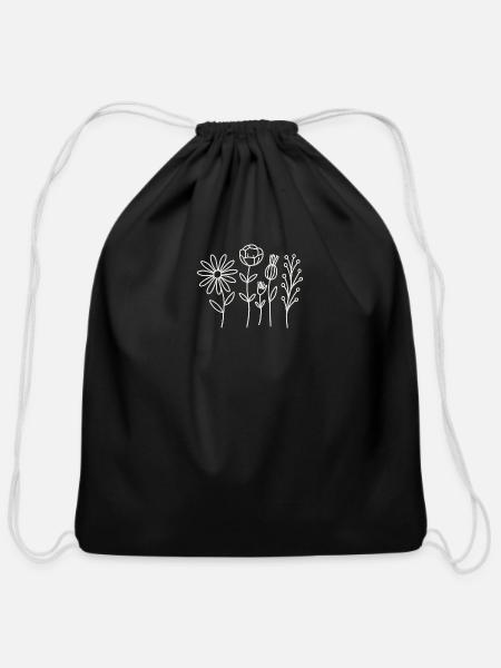 Minimal White Line Rose Design" - Cotton Drawstring Bag - black