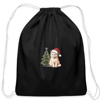 Festive Orange Tabby Cat with Christmas Tree - Cotton Drawstring Bag - black - Front
