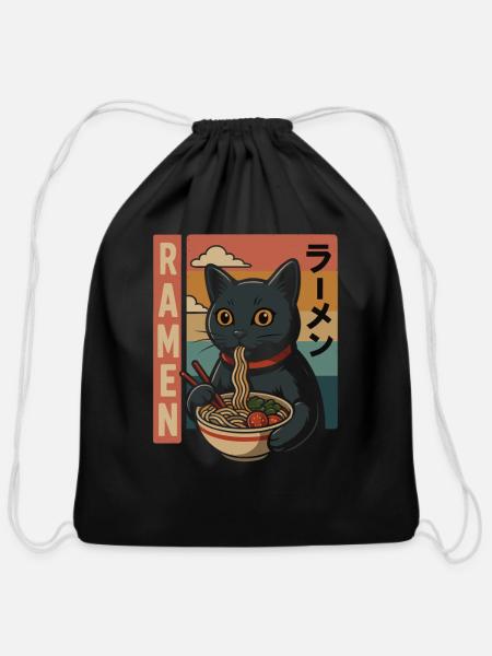 Ramen Cat Retro Japanese Style - Cotton Drawstring Bag - black