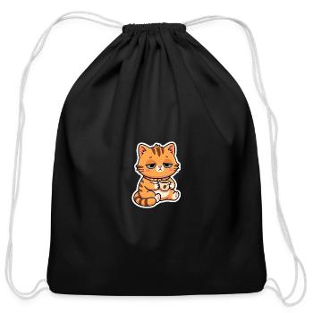 Cute Sleepy Orange Tabby Cat with Coffee Kawaii - Cotton Drawstring Bag - black - Front
