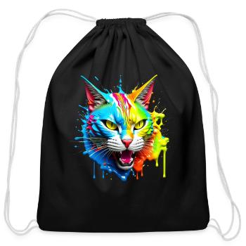 Colorful cat face with paint splashes - Cotton Drawstring Bag - black - Front