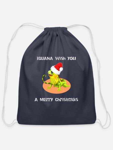 Christmas Iguana with a Santa Hat - Cotton Drawstring Bag - navy