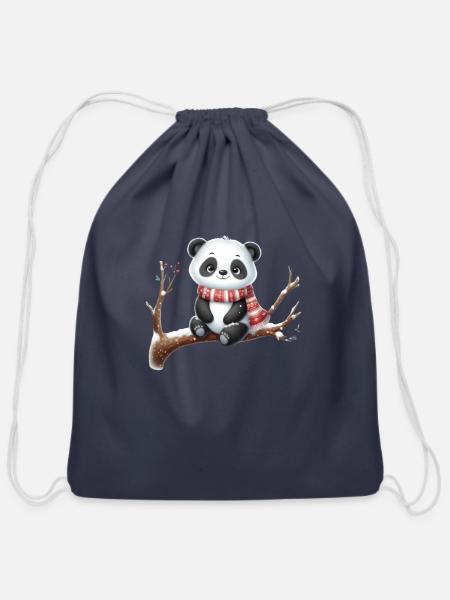 Panda with muffler - Cotton Drawstring Bag - navy
