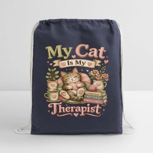 Flux Faux Embroidery My Cat Is My Therapist Design - Cotton Drawstring Bag