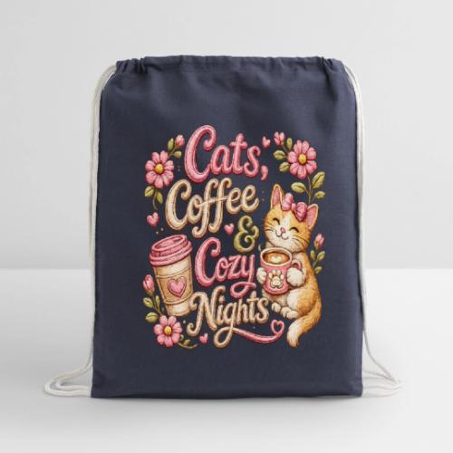 Cats, Coffee & Cozy Nights Faux Stitched Design - Cotton Drawstring Bag