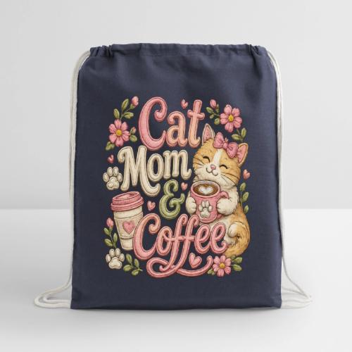 Cat Mom & Coffee Faux Stitched Cat Lover Design - Cotton Drawstring Bag
