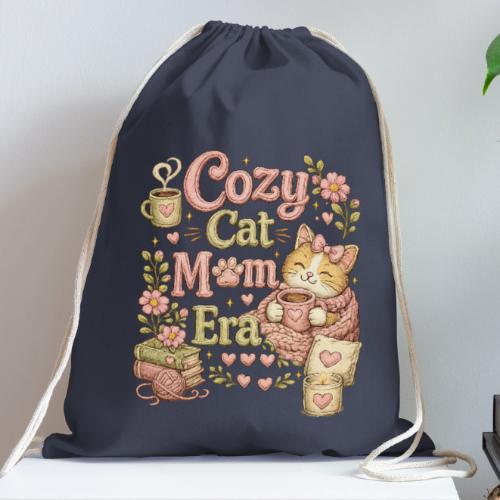 Cozy Cat Mom Era Faux Stitched Design - Cotton Drawstring Bag