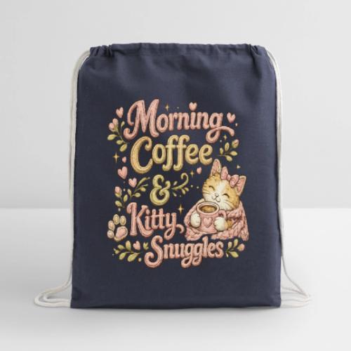 Morning Coffee & Kitty Snuggles Faux Stitched - Cotton Drawstring Bag