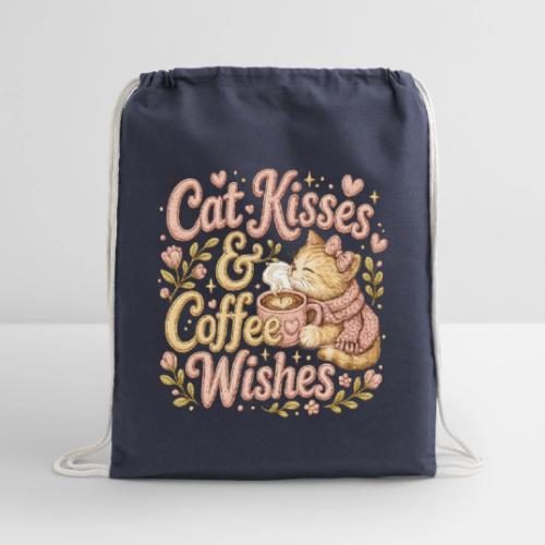 Cat Kisses & Coffee Wishes Faux Stitched - Cotton Drawstring Bag