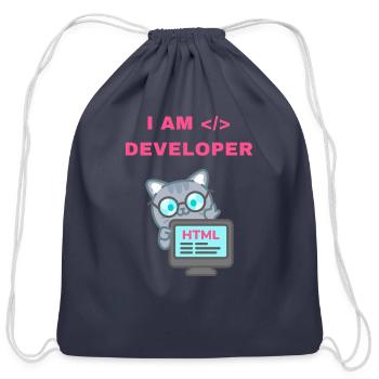 I AM a Developer Cat - HTML Programmer Design - Cotton Drawstring Bag - navy - Front