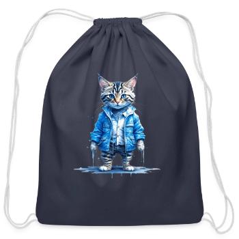 Cat wearing a blue jacket - Cotton Drawstring Bag - navy - Front
