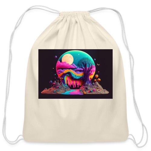 Spooky Full Moon Psychedelic Landscape Paint Drips - Cotton Drawstring Bag
