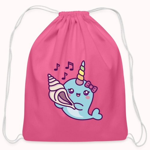 Little Narwhal Listening To A Conch Shell - Cotton Drawstring Bag