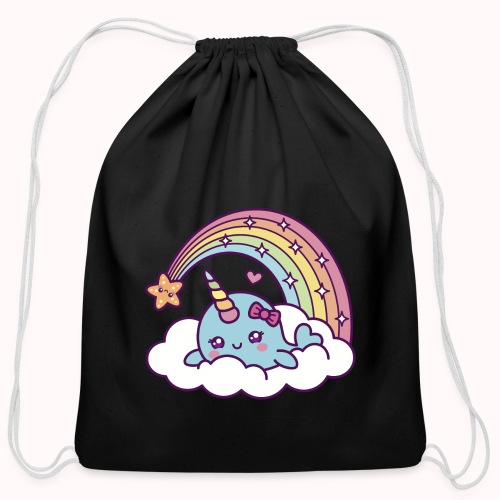Narwhal Girl Dreams On Cloud With Rainbow - Cotton Drawstring Bag