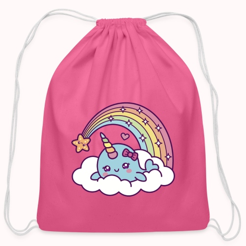 Narwhal Girl Dreams On Cloud With Rainbow - Cotton Drawstring Bag