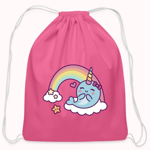 Happy Narwhal Girl Enjoys Rainbow - Cotton Drawstring Bag