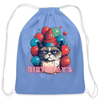Grumpy Birthday Cat With Ballons - Cotton Drawstring Bag - carolina blue - Front