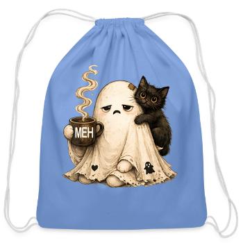 Meh Ghost Cat Funny Halloween Coffee Lover - Cotton Drawstring Bag - carolina blue - Front