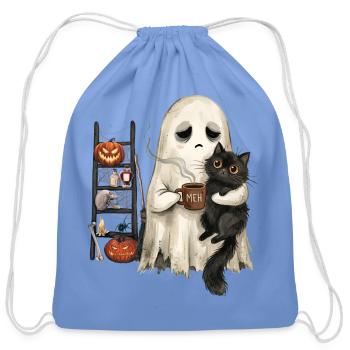 Funny Meh Ghost Cat Spooky Black Cat Halloween  - Cotton Drawstring Bag - carolina blue - Front