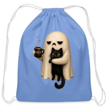 Meh Ghost and Cat Mug - Cotton Drawstring Bag - carolina blue - Front