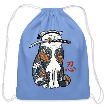 Cute Japanese Samurai Cat Katana Ninja Art - Cotton Drawstring Bag - carolina blue - Front