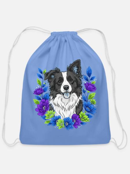 Border Collie Floral Portrait - Cotton Drawstring Bag - carolina blue