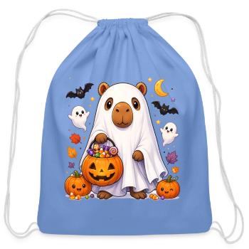 Cute Ghost Capybara Halloween Candy Design - Cotton Drawstring Bag - carolina blue - Front